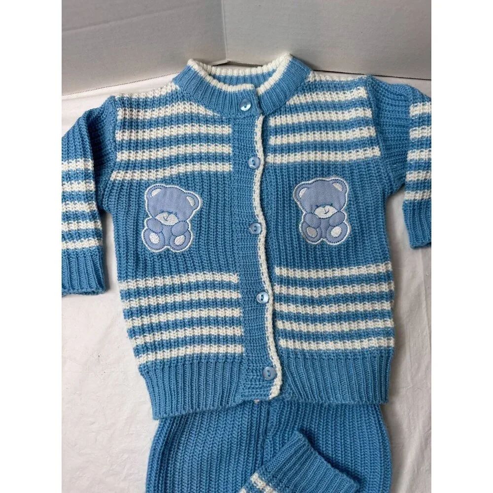 Mac Henry Sweater Outfit Boy Set Blue Stripes Teddy Bears Cardigan Top 12M Vtg - Picture 3 of 10